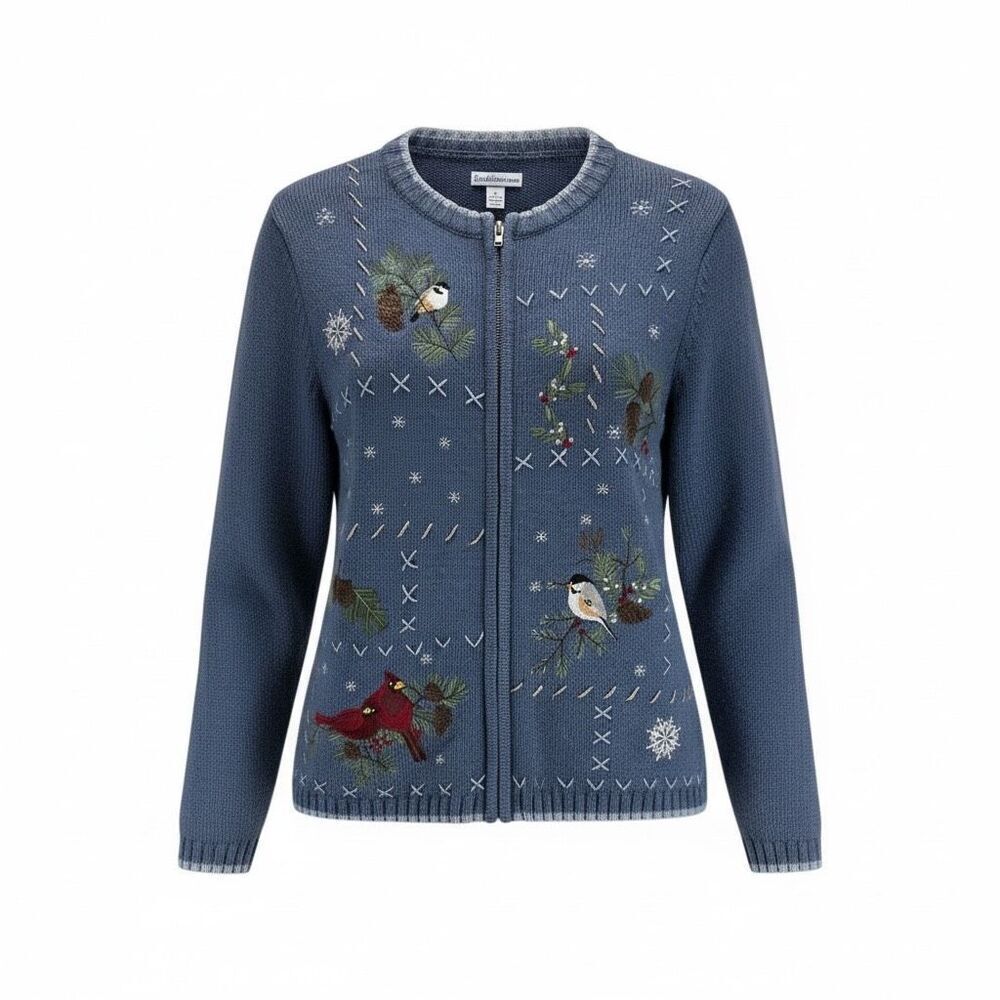Blue Knit Holiday Cardigan PL Embroidered Winter Birds Cardinals Pinecones Zip